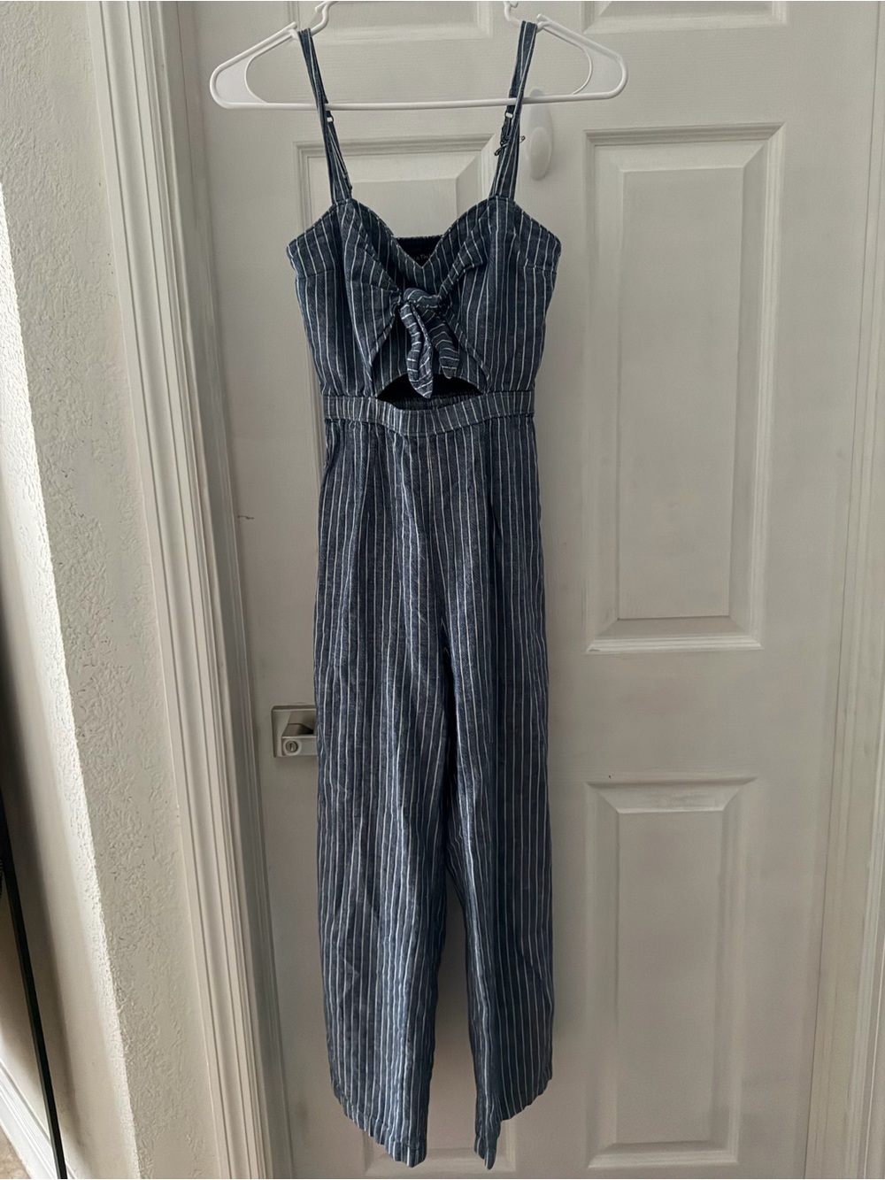 Abercrombie & Fitch Navy and White Pinstripe Tie-Front Spaghetti-Strap Jumpsuit